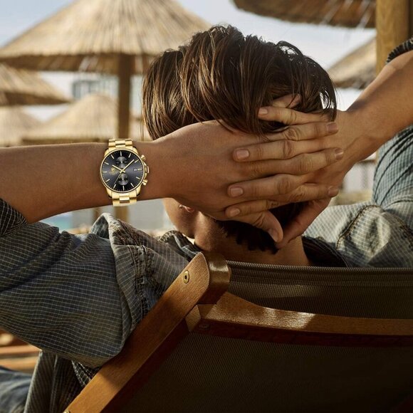 GOLDEN HOUR Men's Gold Black Stainless Steel Chronograph Quartz Watch Waterproof - Picture 6 of 7